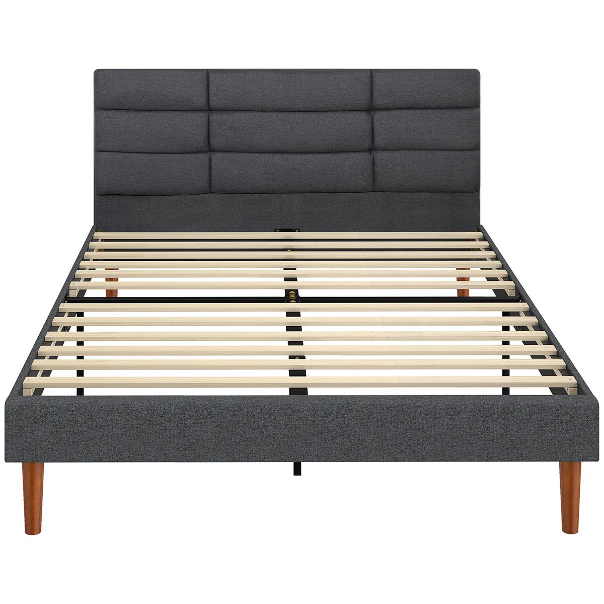 Cadre de Lit 140 x 200 cm avec Sommier Bois, Lit Double Rembourré en Effet Lin, Rangement au-dessous, Sans Bruit, Gris