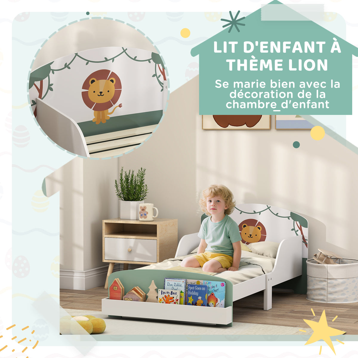 Lit enfant 70 x 140 cm, lit pour enfant avec barriere de securite et sommier à lattes, espace de rangement, vert