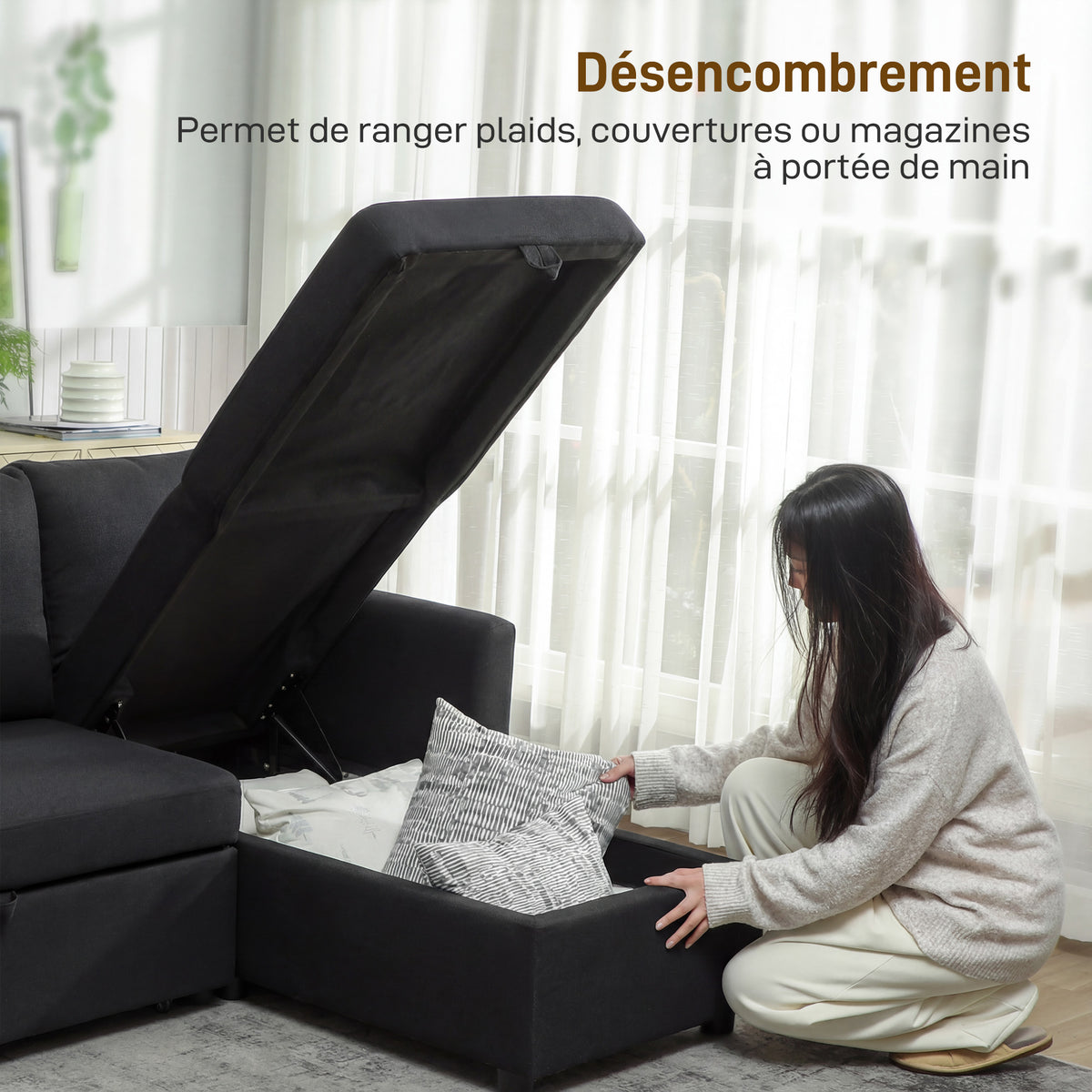 Canapé d'Angle Convertible, Canapé-Lit 3 Places 192 cm avec Méridienne Réversible, Rangement Caché, Gris Anthracite