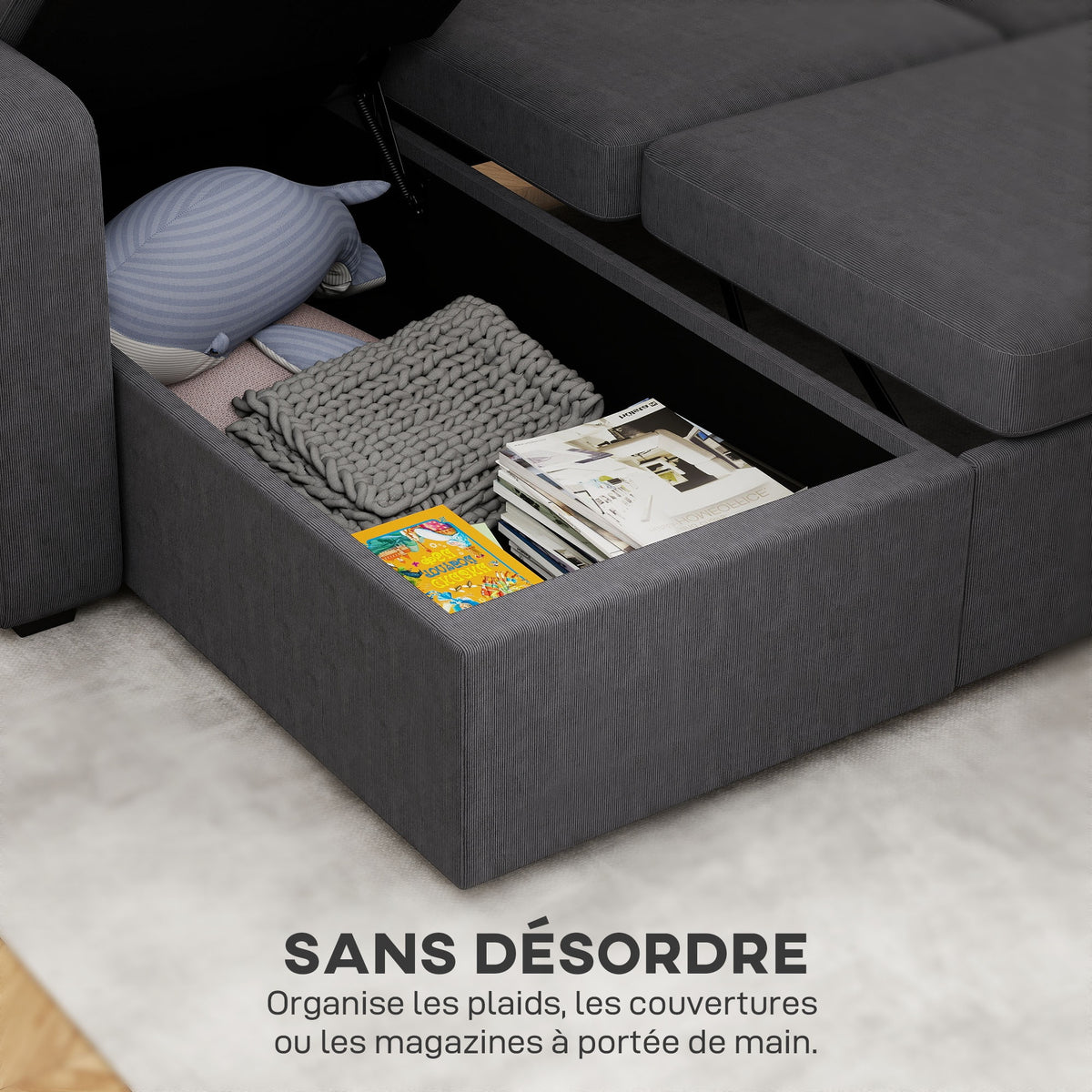 Canapé d'angle convertible en velours côtelé, canapé-lit 3 places avec rangement caché, coussins, 205x135x76cm, gris