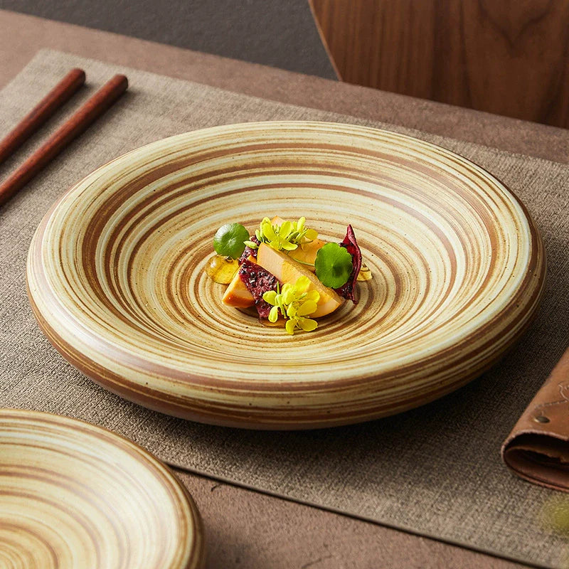 Assiette Grès Spirale Artisanale – Plat Creux Rond pour Pâtes & Salades