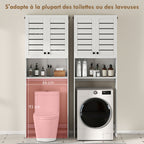 Meuble WC dessus de toilette/machine à laver avec placard à porte double, portes à persiennes, 67x31,5x190cm, blanc