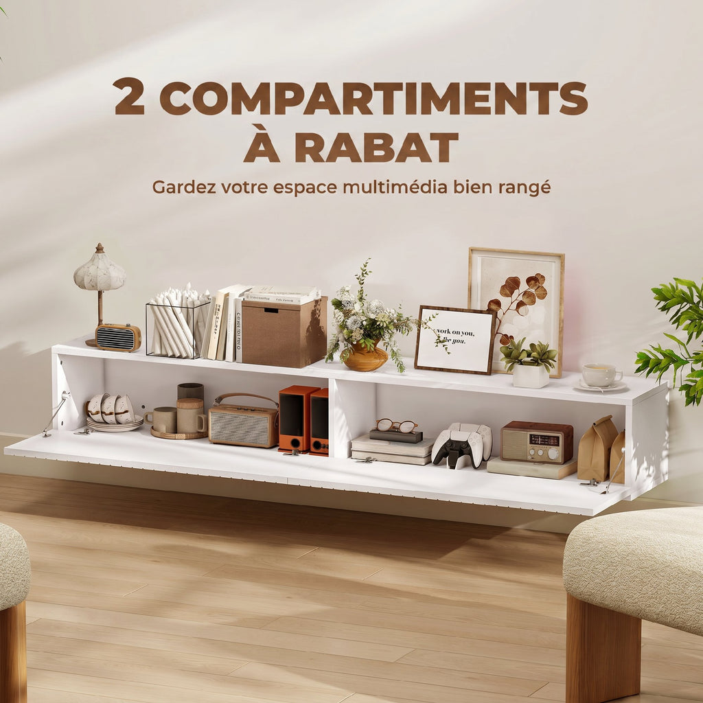 Meuble TV suspendu 140cm, meuble télé pour téléviseur 72 pouces, 2 portes rabattables, 140x25x22cm, blanc