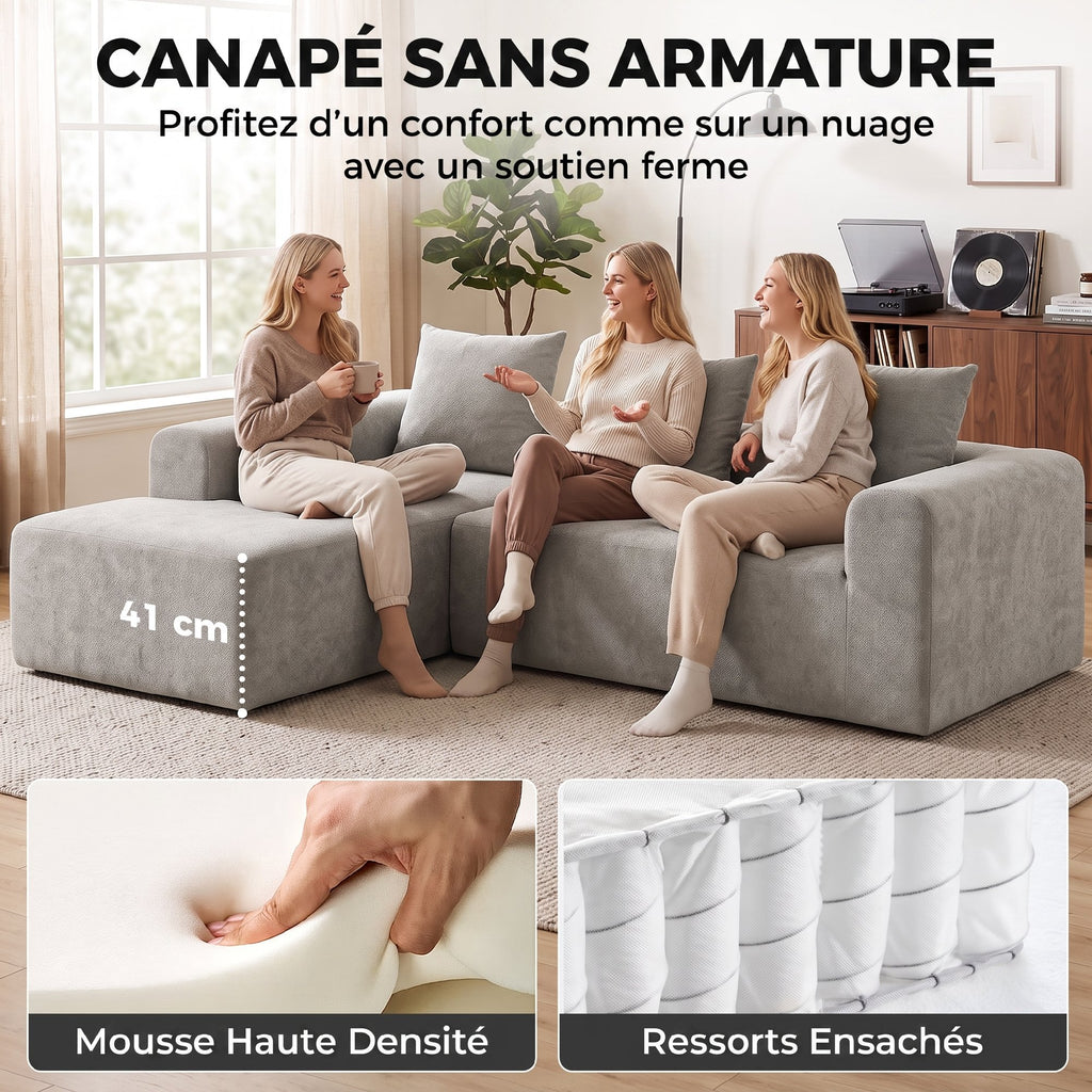 Canapé d'Angle en Chenille, Canapé 3 Places en L 242 cm avec Méridienne, Assise Profonde, Accoudoirs Larges, Gris Clair