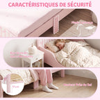Lit Enfant 70 x 140 cm, Lit pour Enfant avec Barrière de Sécurité et Sommier à Lattes en Bois, Motif Nœud, Rose
