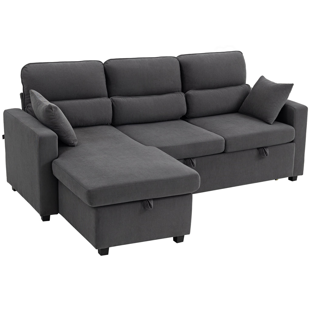 Canapé d'angle convertible en velours côtelé, canapé-lit 3 places avec rangement caché, coussins, 205x135x76cm, gris