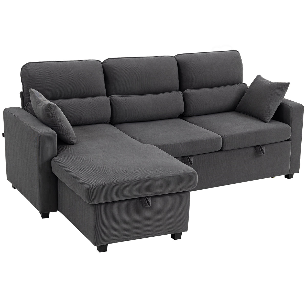 Canapé d'angle convertible en velours côtelé, canapé-lit 3 places avec rangement caché, coussins, 205x135x76cm, gris