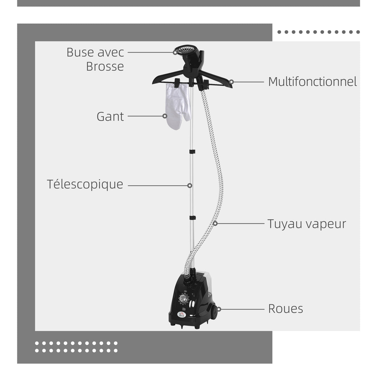 Défroisseur vapeur vertical défroisseur à vêtements 1,4 L 1950 W débit vapeur 30g/min tige telescopique noir
