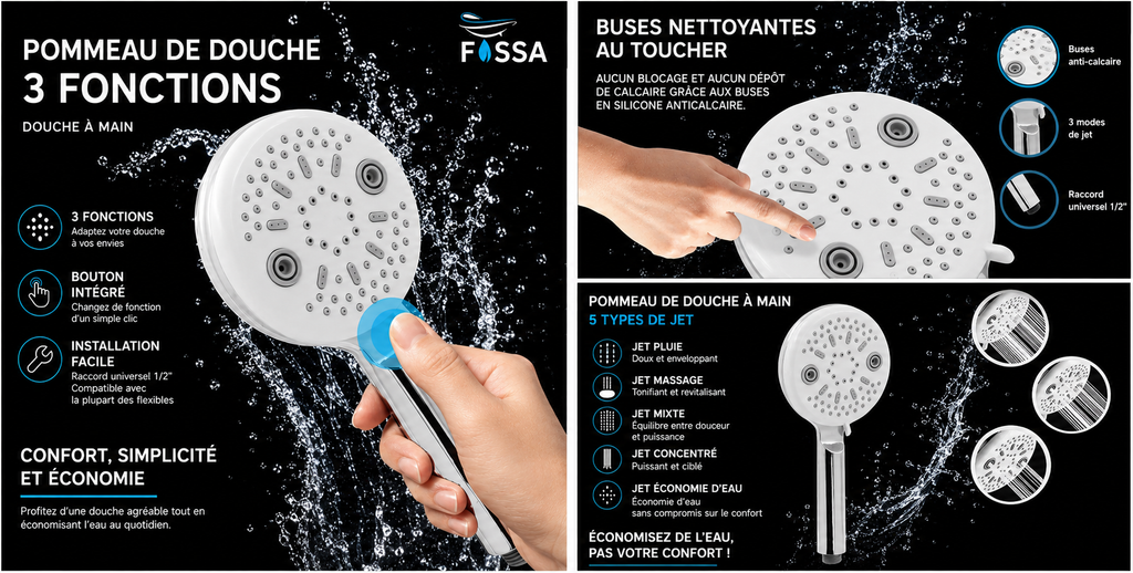 Pommeau de Douche à Main Panda – 5 Modes de Jet, Finition Chromée