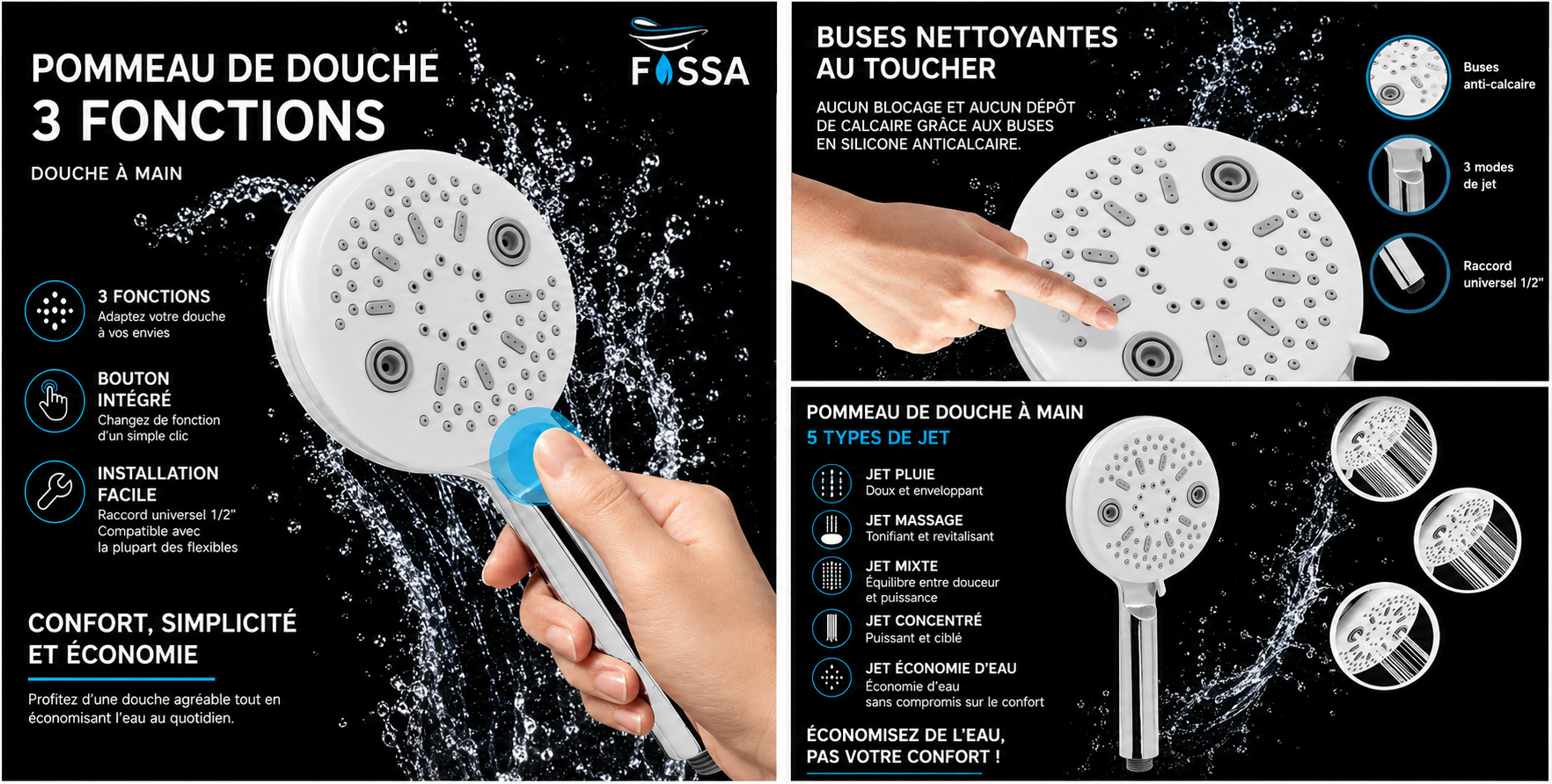 Pommeau de Douche à Main Panda – 5 Modes de Jet, Finition Chromée