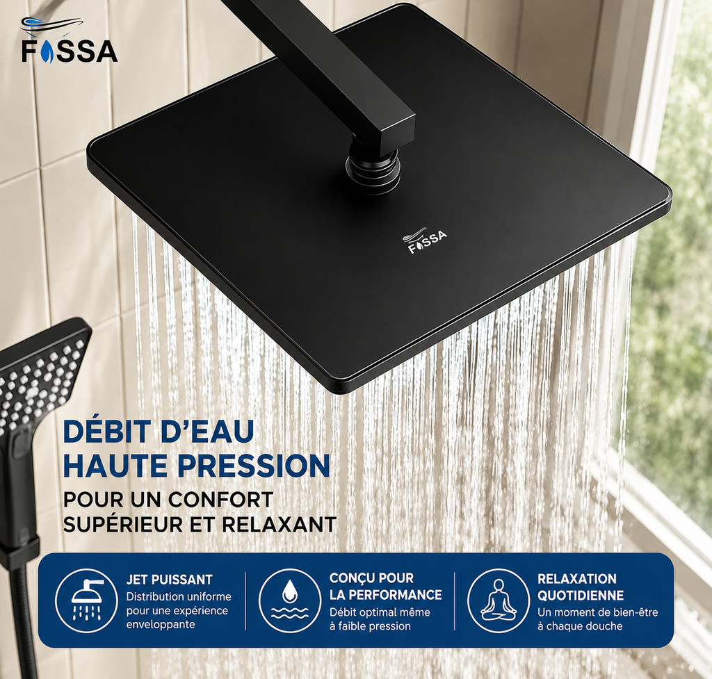 Pommeau de Douche Pluie Carré Noir 20 cm avec Bras 45 cm — Fossa Home