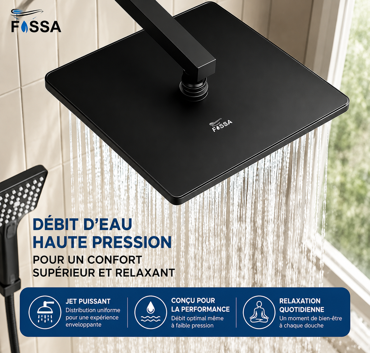 Pommeau de Douche Pluie Carré Noir 20 cm avec Bras 45 cm — Fossa Home
