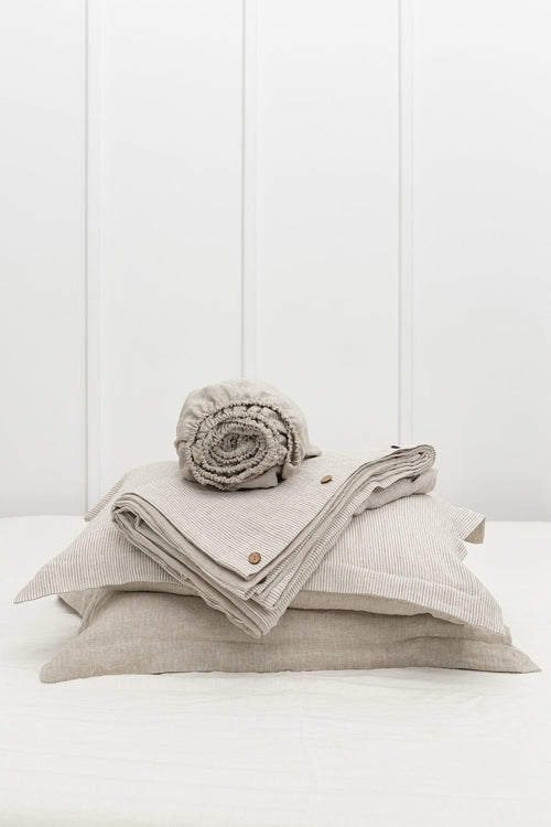 Parure de Lit Lin Naturel Double Face Beige Rayé - Queen