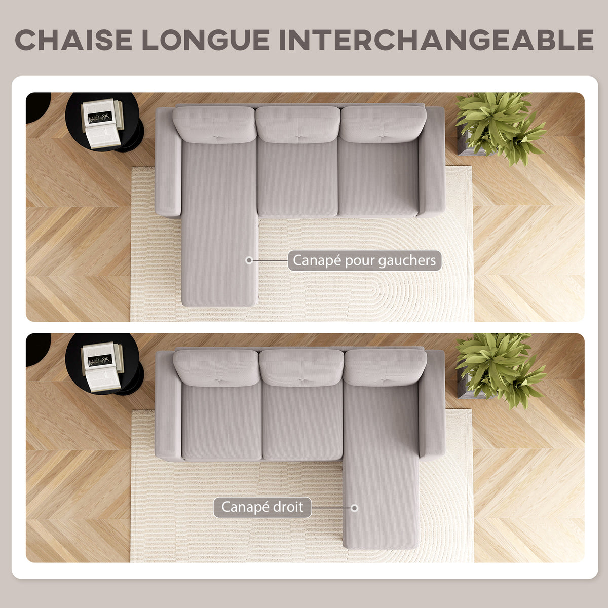 Canapé d'angle réversible en velours côtelé, canapé 3 places avec méridienne, cadre en acier, 192x137x84cm, gris clair