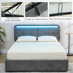 Lit coffre 140 x 190 cm avec éclairage LED, tête de lit réglable, cadre de lit double, sommier à lattes en bois, gris