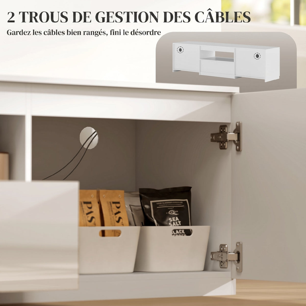 Meuble TV 160 cm, meuble télé pour téléviseur jusqu'à 65 pouces avec 2 portes et tiroir, blanc