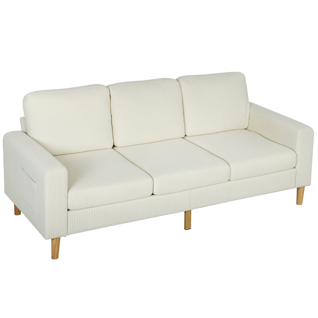 Canapé 3 places en velours côtelé, canapé avec coussins à ressorts et assise rembourré, 192x80x84,5cm, beige