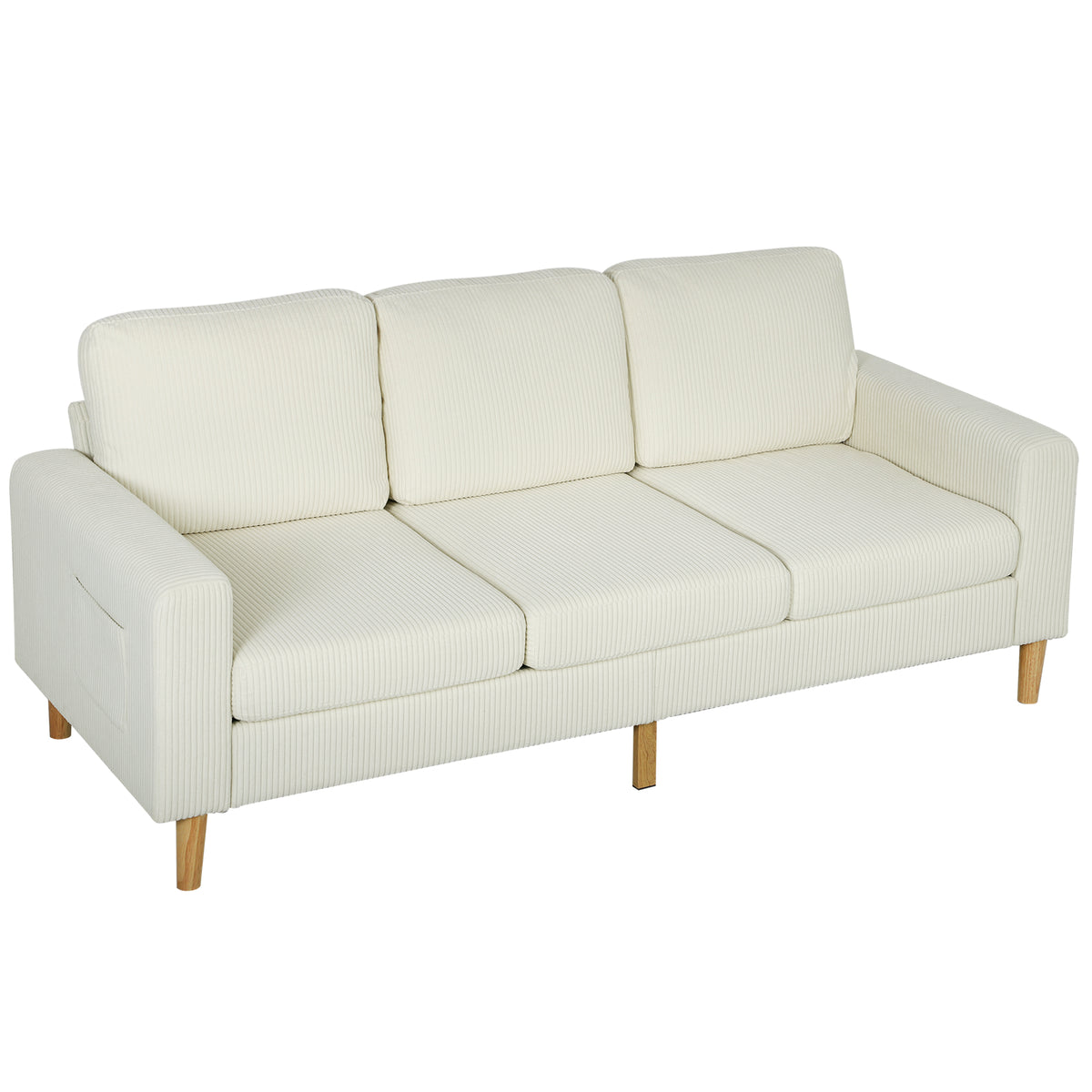 Canapé 3 places en velours côtelé, canapé avec coussins à ressorts et assise rembourré, 192x80x84,5cm, beige