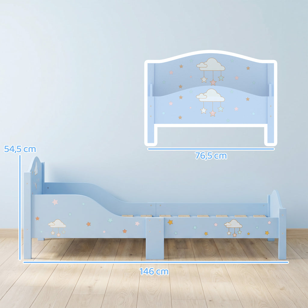 Lit Enfant 70 x 140 cm, Lit pour Enfant avec Barrière de Sécurité et Sommier à Lattes en Bois, Motif Nuage, Bleu