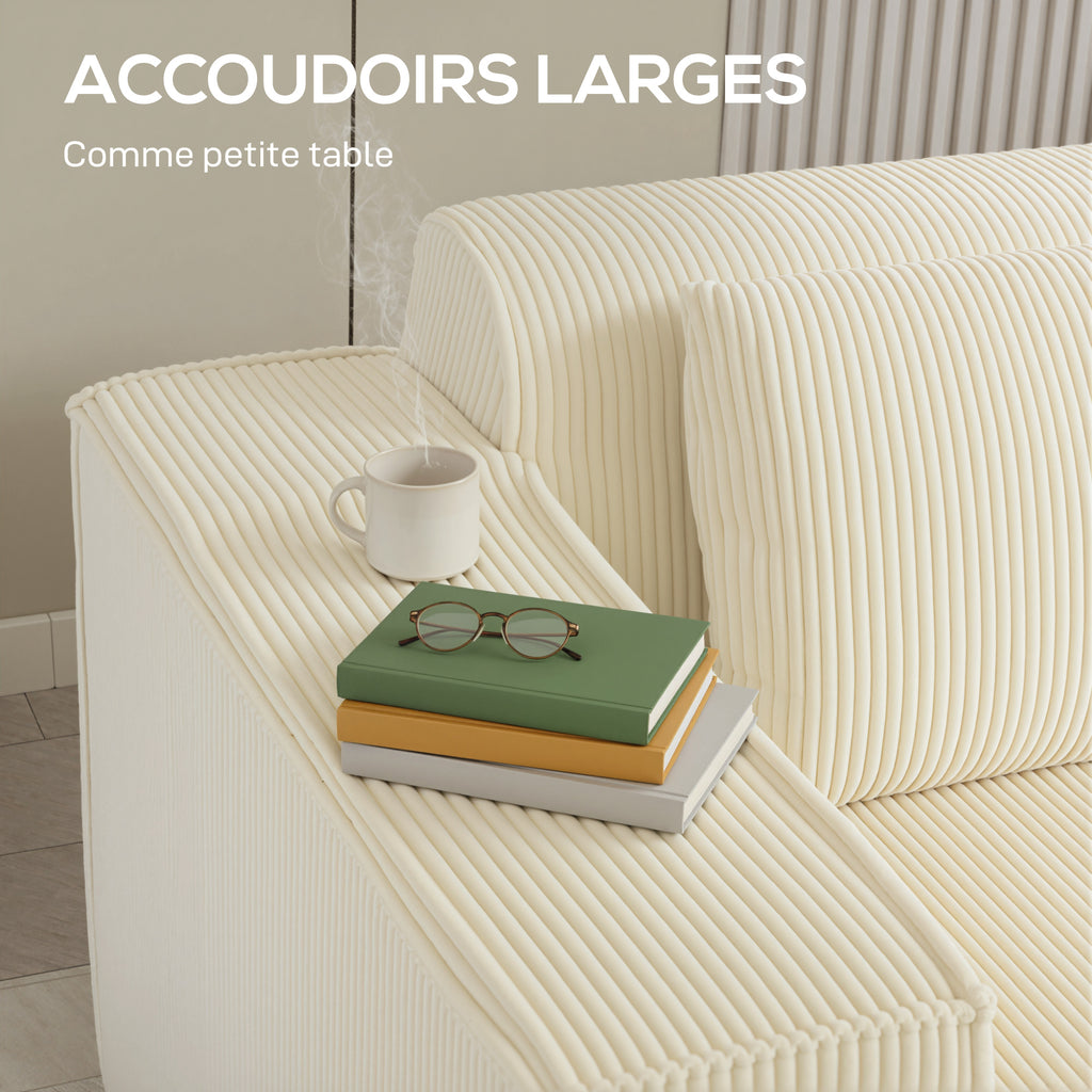 Canapé 3 places en velours côtelé, canapé rembourré, larges accoudoirs, 2 coussins, pas de montage, 202x90x76cm, beige