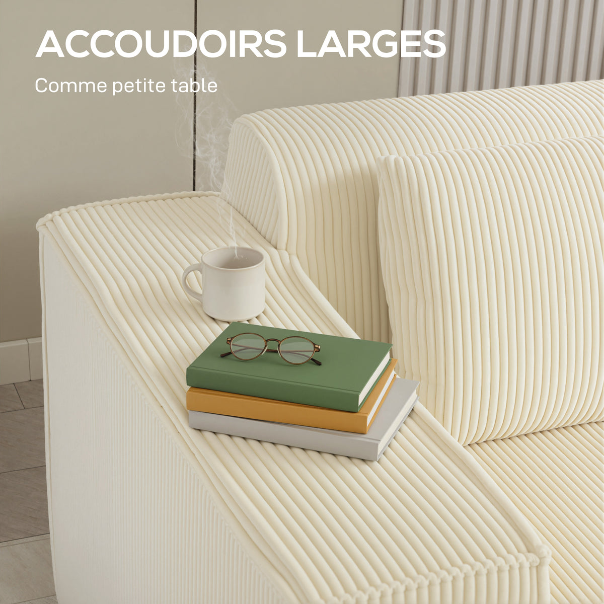 Canapé 3 places en velours côtelé, canapé rembourré, larges accoudoirs, 2 coussins, pas de montage, 202x90x76cm, beige