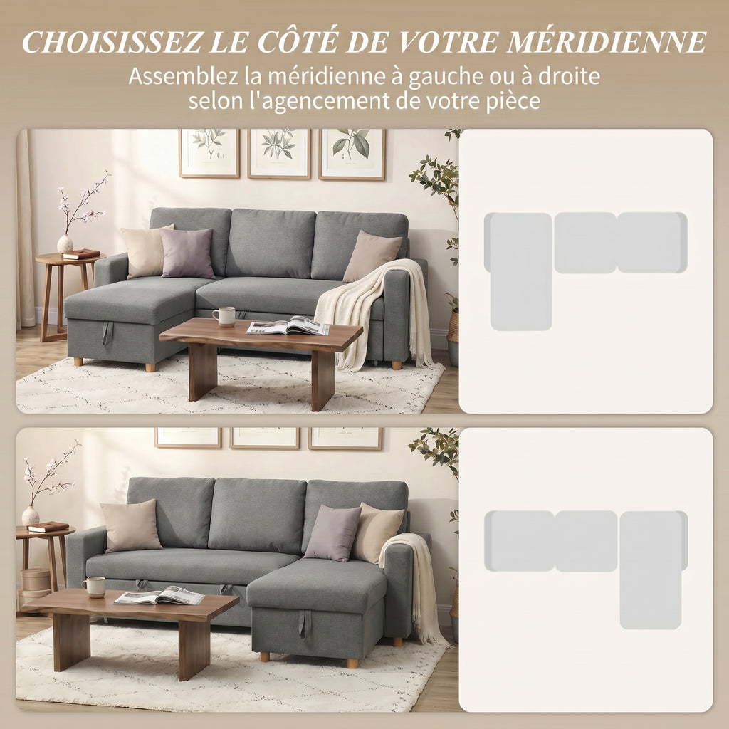 Canapé d'angle convertible canapé lit canapé 3 places modulable avec méridienne réversible, coffre de rangement intégré et 3 coussins de dossier, tissu aspect lin, gris