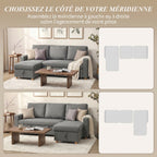 Canapé d'angle convertible canapé lit canapé 3 places modulable avec méridienne réversible, coffre de rangement intégré et 3 coussins de dossier, tissu aspect lin, gris