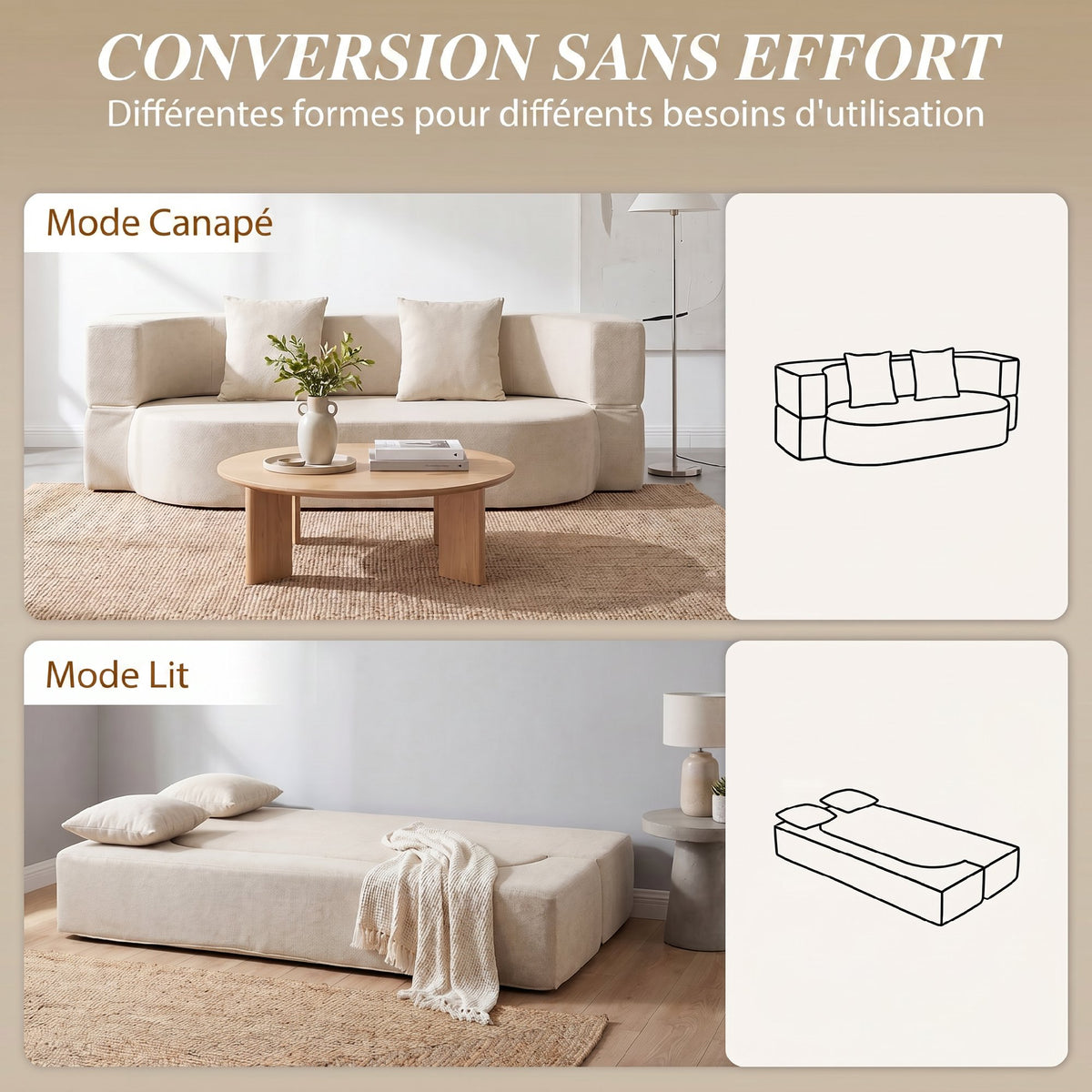 Canapé Convertible 2 Places, Canapé-Lit en Chenille 190cm, Dossier Rabattable, Assise et Accoudoirs Larges, Beige