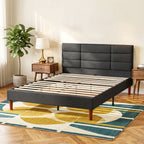 Cadre de Lit 140 x 200 cm avec Sommier Bois, Lit Double Rembourré en Effet Lin, Rangement au-dessous, Sans Bruit, Gris