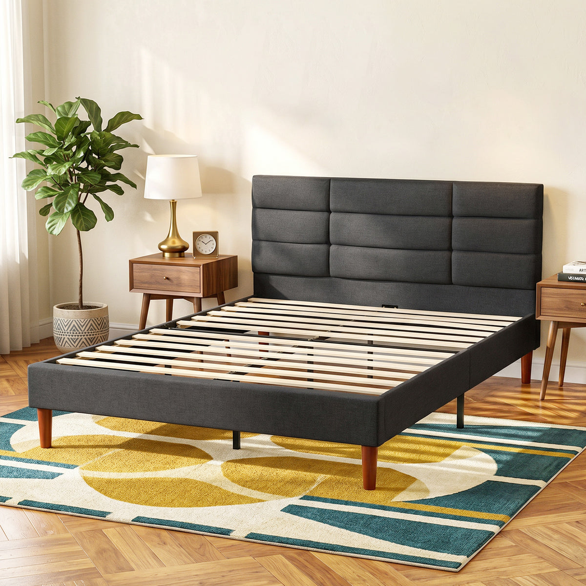 Cadre de Lit 140 x 200 cm avec Sommier Bois, Lit Double Rembourré en Effet Lin, Rangement au-dessous, Sans Bruit, Gris