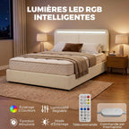 Lit Coffre 160 x 200 cm, LED RGB, Tête Réglable, Cadre de Lit Double Rembourré Velours, Rangement Hydraulique, Crème