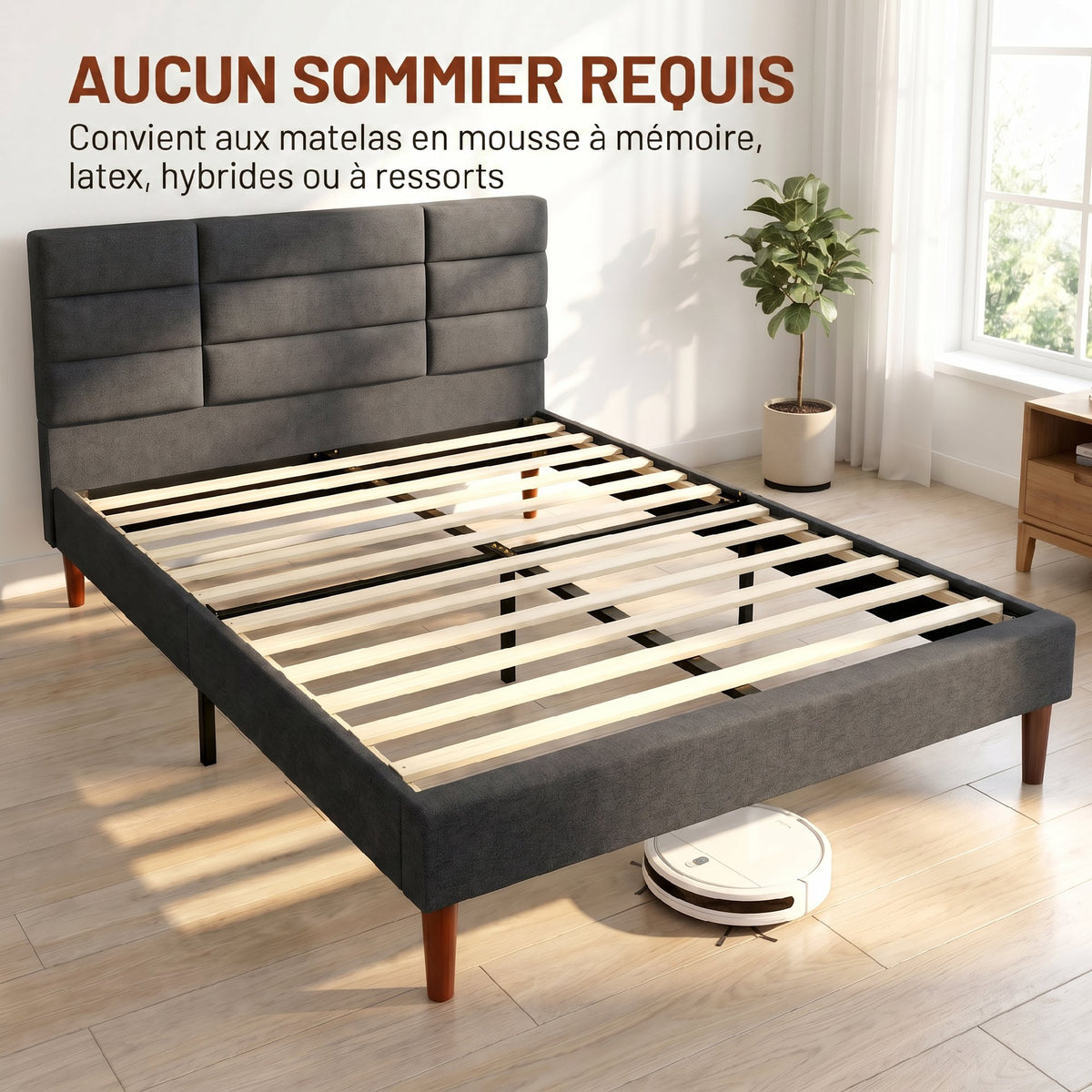 Cadre de Lit 140 x 200 cm avec Sommier Bois, Lit Double Rembourré en Effet Lin, Rangement au-dessous, Sans Bruit, Gris