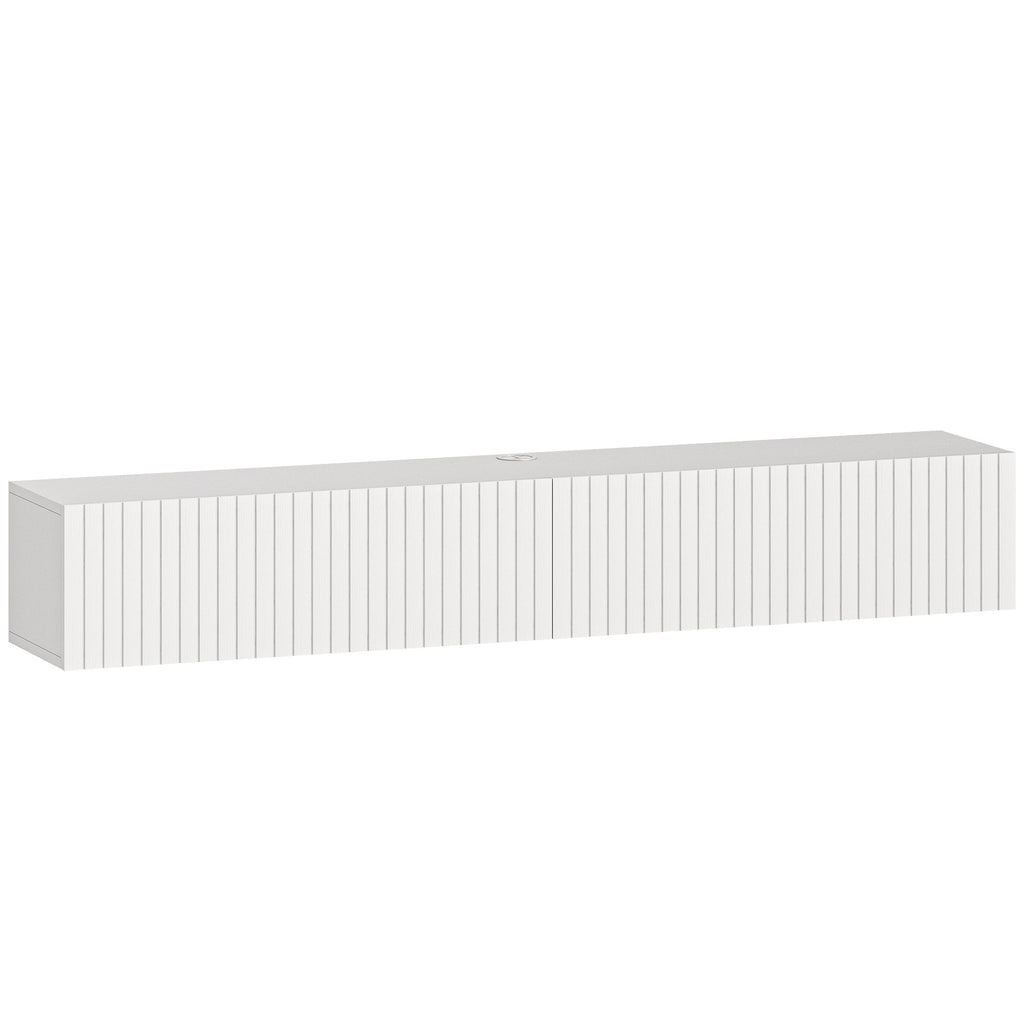 Meuble TV suspendu 140cm, meuble télé pour téléviseur 72 pouces, 2 portes rabattables, 140x25x22cm, blanc