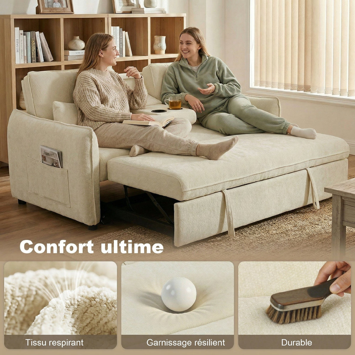 Canapé convertible 2 places 3 en 1, canapé-lit clic clac en chenille avec dossier réglable, porte-gobelets, beige