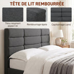 Cadre de Lit 140 x 200 cm avec Sommier Bois, Lit Double Rembourré en Effet Lin, Rangement au-dessous, Sans Bruit, Gris