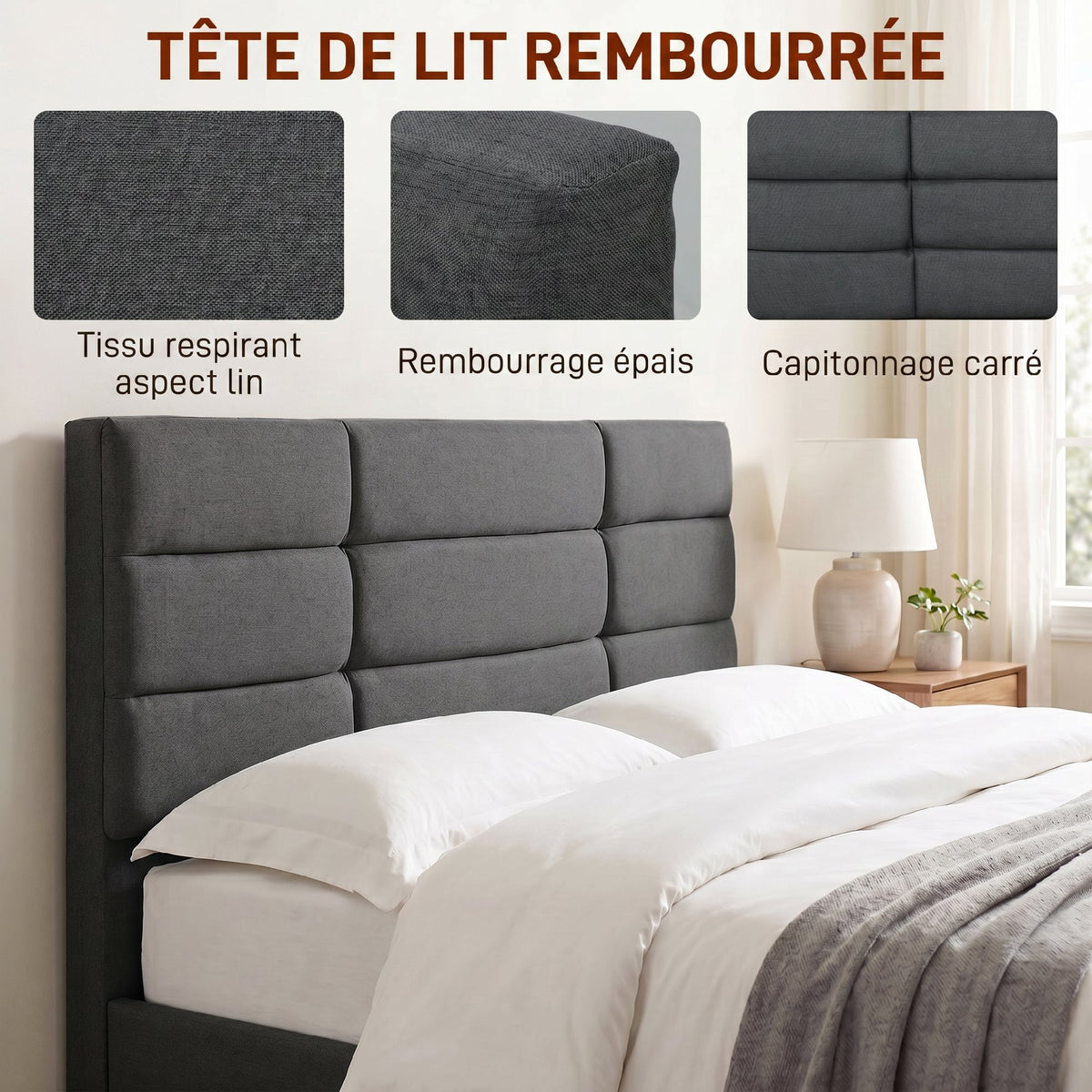Cadre de Lit 140 x 200 cm avec Sommier Bois, Lit Double Rembourré en Effet Lin, Rangement au-dessous, Sans Bruit, Gris