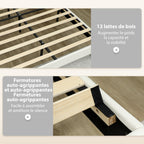 Cadre de lit double 140 x 190 cm lit 2 personnes tête de lit réglable sommier 150 x 198 x 101/106/111/116/121 cm crème