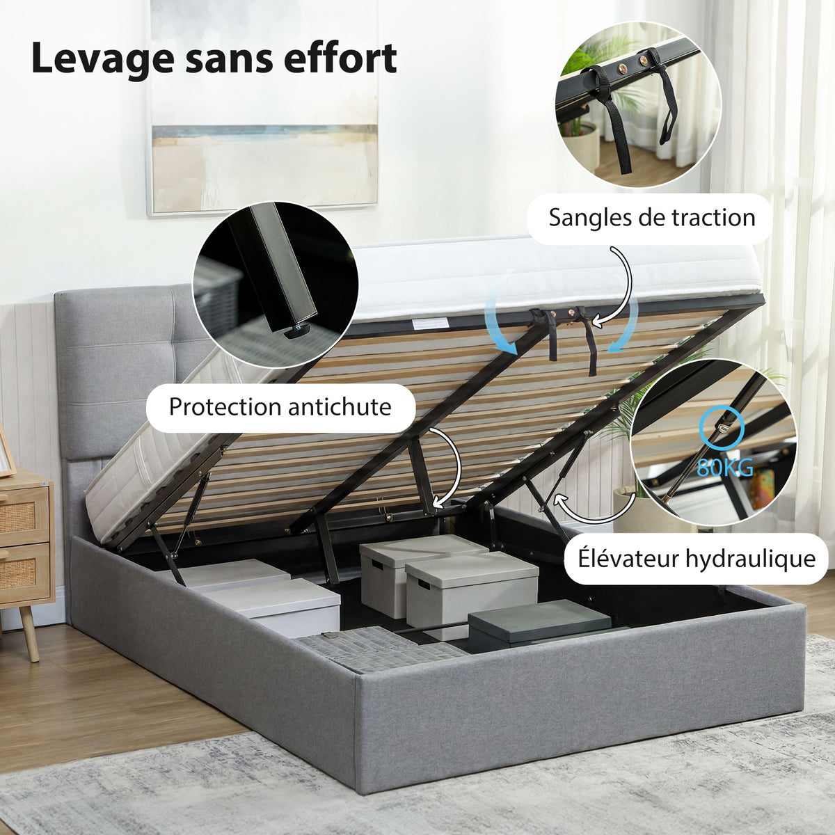 Lit coffre 140x190, cadre de lit double rembourré avec sommier à lattes en bois et rangement cach, sans matelas, gris