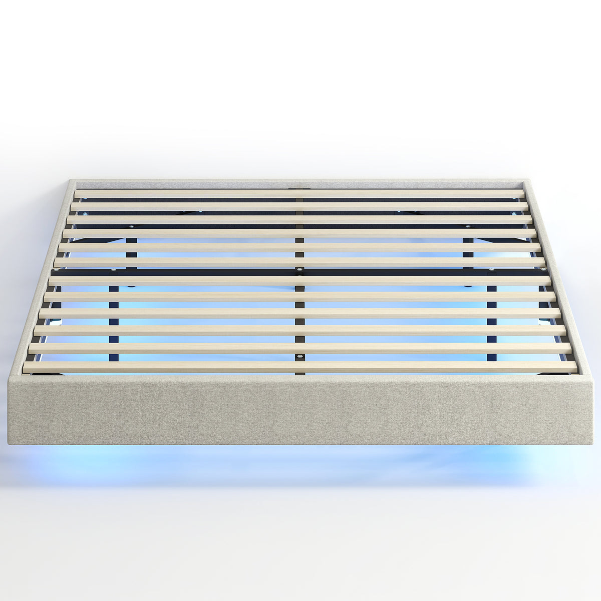 Cadre de lit flottant 140 x 190 cm avec éclairage LED, lit double rembourré en lin, sommier à lattes en bois, beige