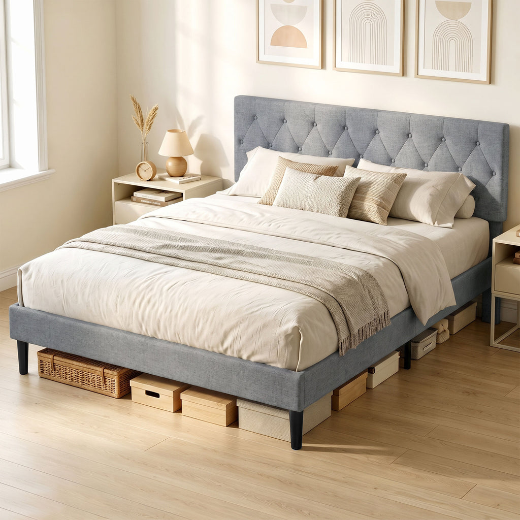 Cadre de Lit 140 x 190 cm avec Sommier, Lit Double Rembourré en Lin, Tête Capitonnée, Support à 10 Lattes, Gris