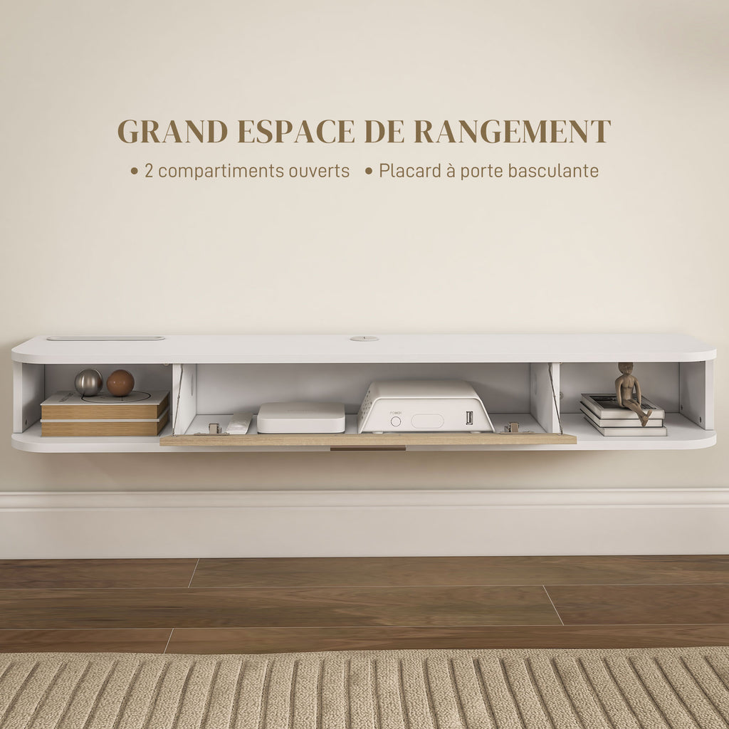 Meuble TV mural banc TV jusqu'à 50 pouces avec compartiments ouverts et armoire à porte rabattable blanc