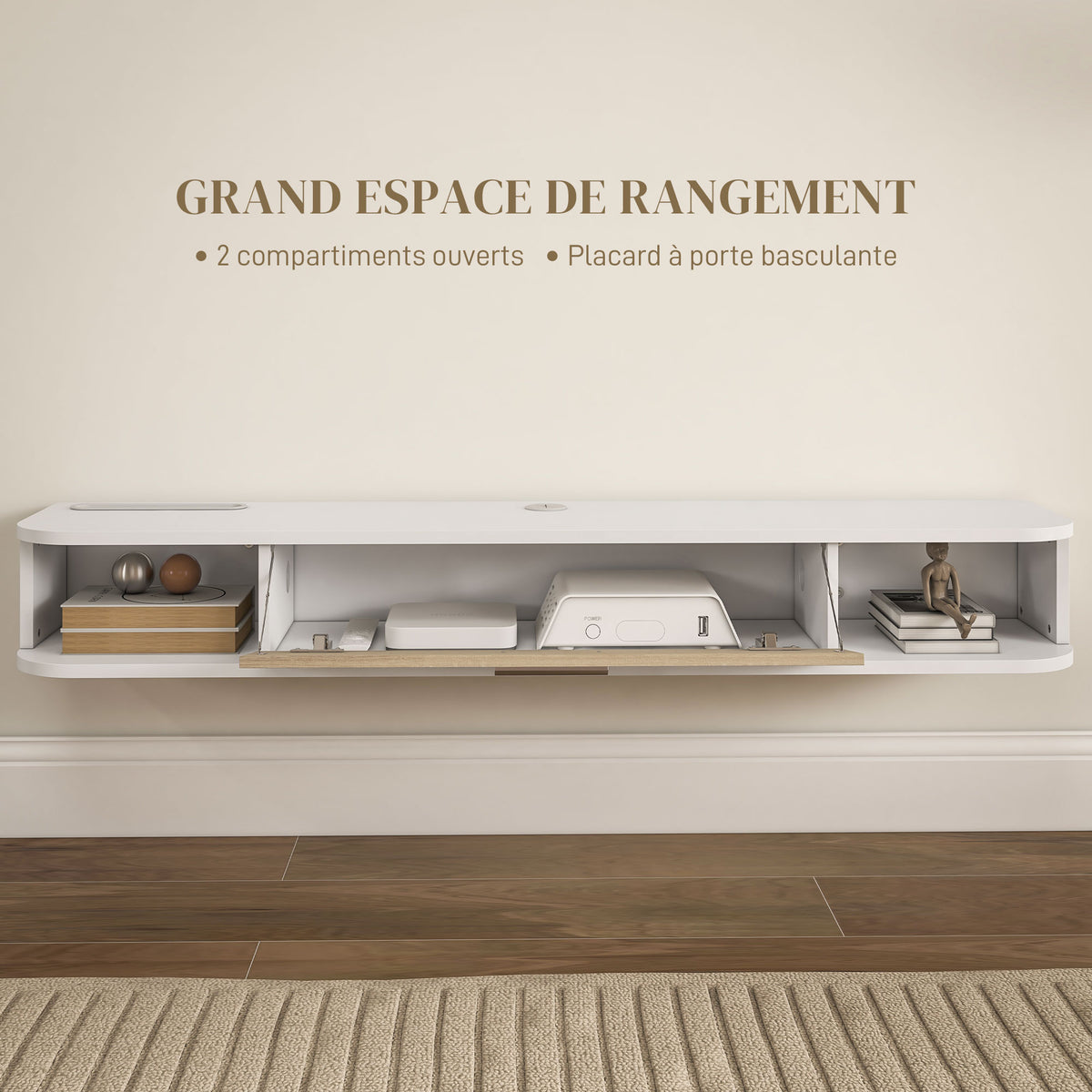 Meuble TV mural banc TV jusqu'à 50 pouces avec compartiments ouverts et armoire à porte rabattable blanc