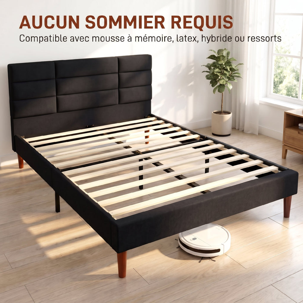Cadre de Lit 140 x 200 cm avec Sommier Bois, Lit Double Rembourré en Effet Lin, Rangement au-dessous, Sans Bruit, Noir