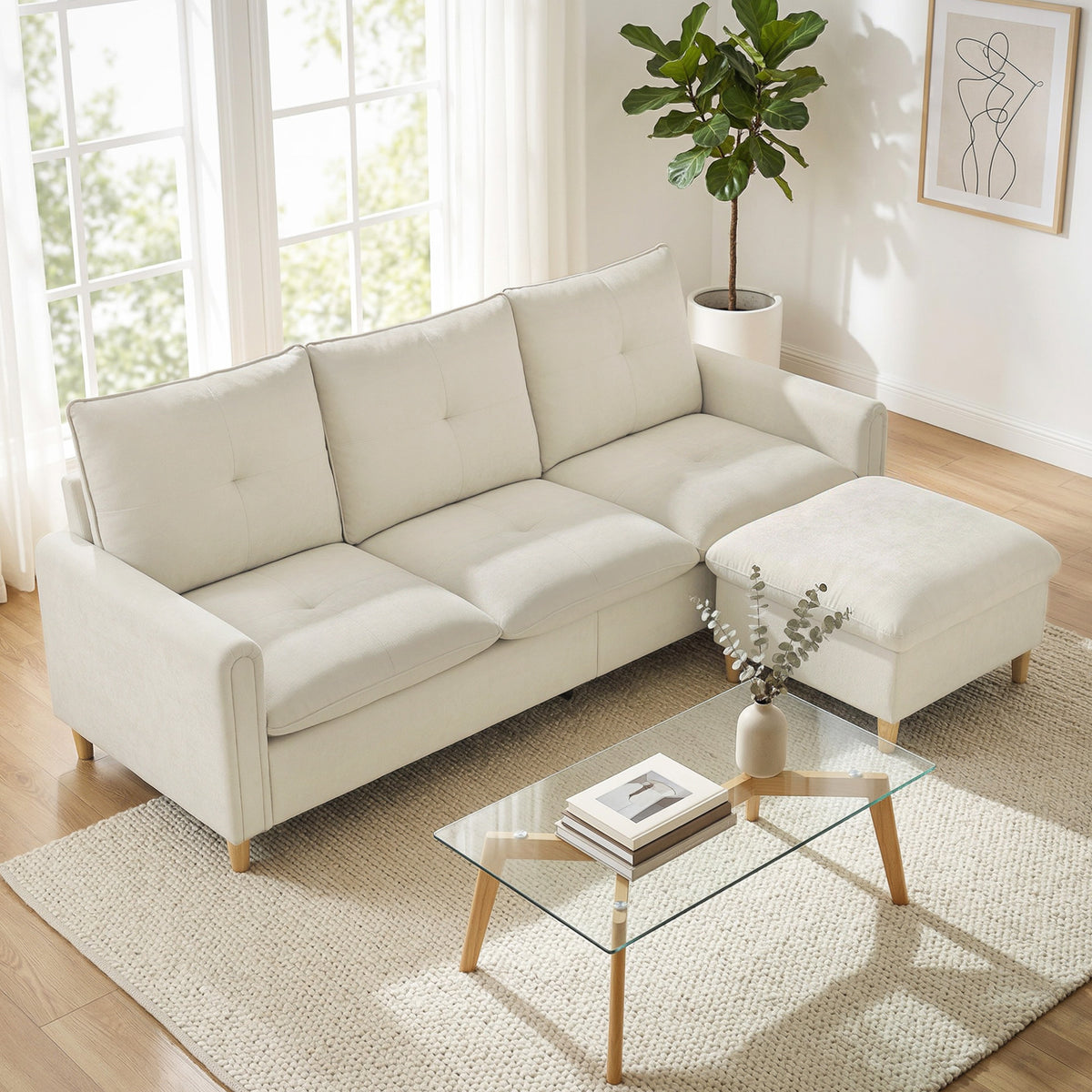 Canapé 3 places avec pouf de rangement, canapé d'angle modulable 210 cm, assise large, tissu aspect lin, crème