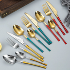 Couverts Inox 304 Finition Or Miroir – Manches Colorés & Gravure Florale | Luxe & Élégance