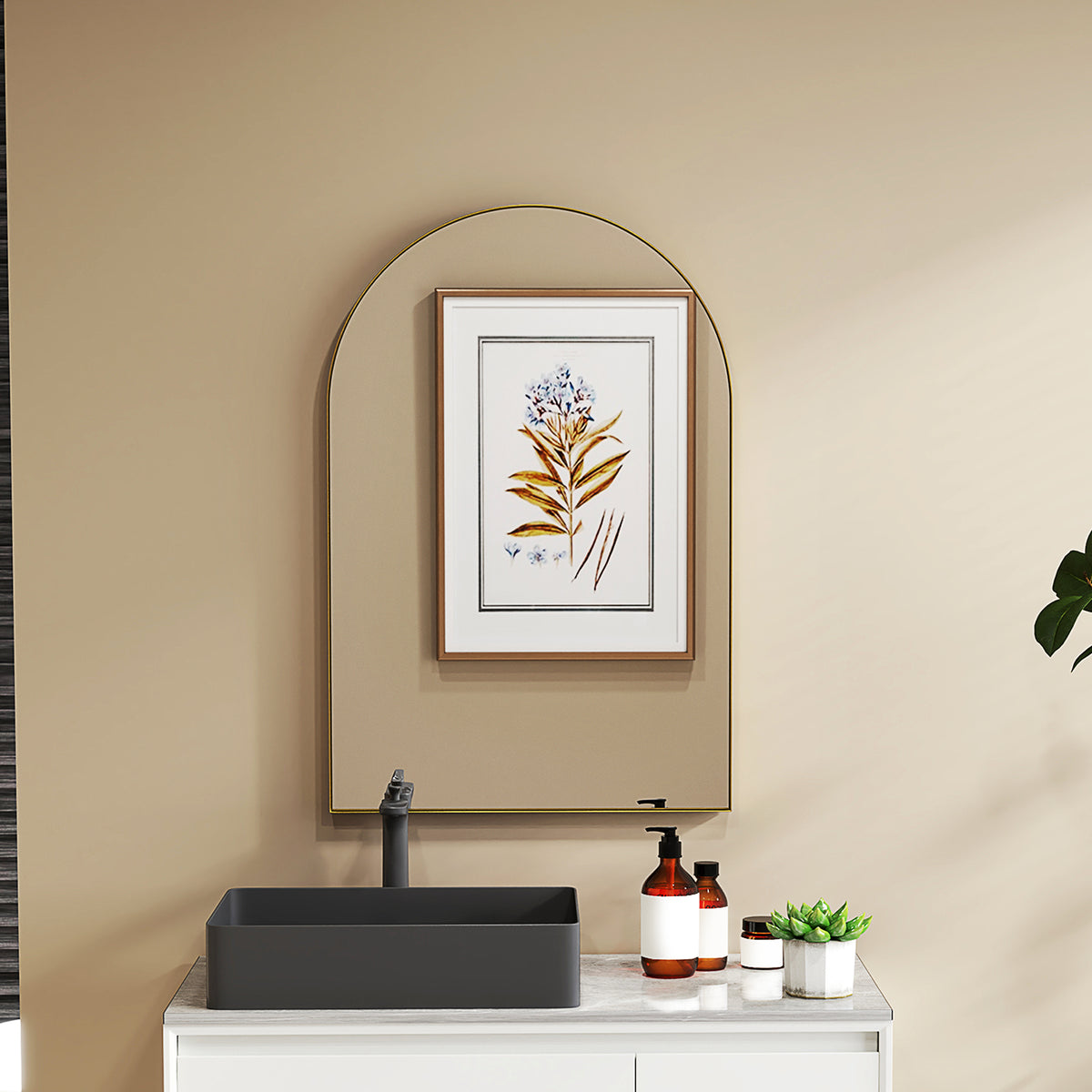 Miroir mural arqué miroir de salle de bain avec cadre en alliage d'aluminium pour chambre salon entrée 60 × 90 cm or