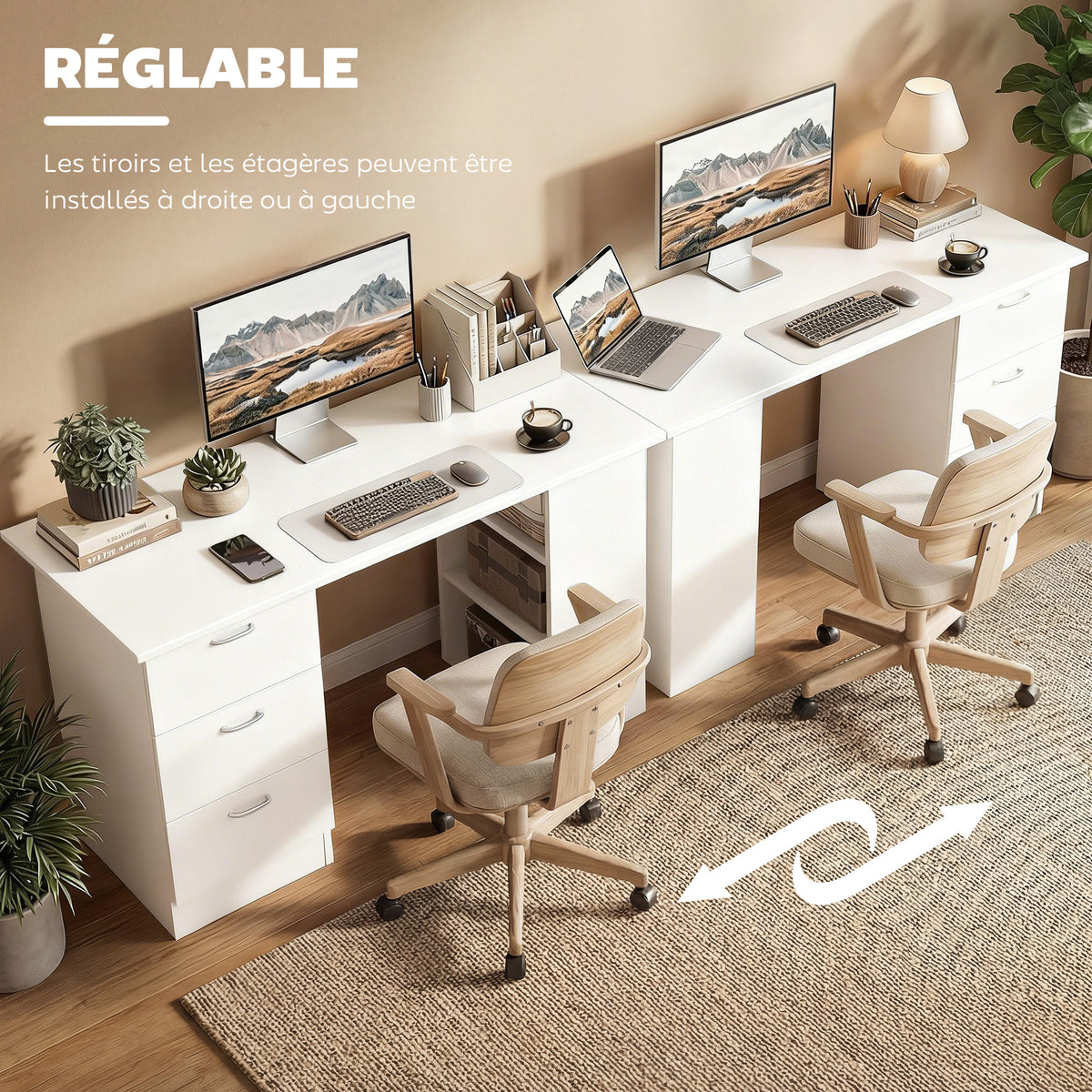 Bureau d'ordinateur avec 3 tiroirs et 3 étagères ouvertes, 120x49x72cm, bureau avec rangement réversible, style moderne, table informatique pour chambre, petit espace, télétravail, blanc