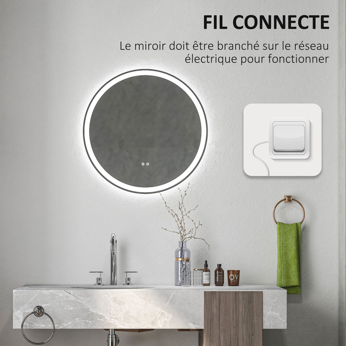 Miroir rond lumineux LED de salle de bain Ø 80 cm mural avec éclairage 3 couleurs interrupteur tactile 46W blanc argent