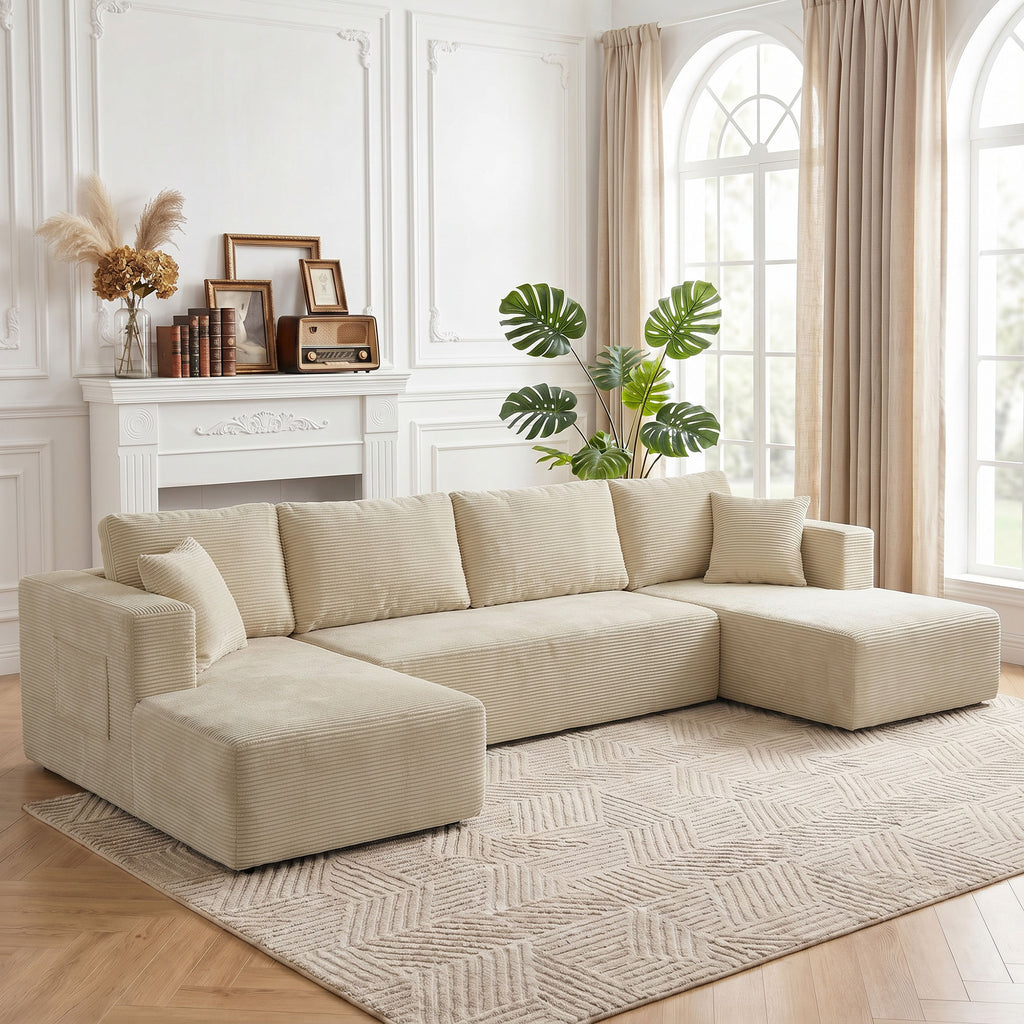 Canapé Modulaire en U Compressé 337 cm, Canapé Convertible 4 places en Velours Côtelé, Assise Large, Crème