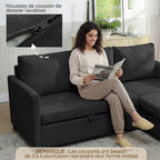 Canapé d'Angle Convertible, Canapé-Lit 3 Places 192 cm avec Méridienne Réversible, Rangement Caché, Gris Anthracite